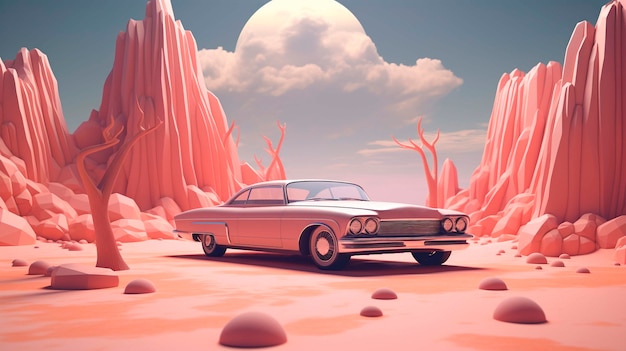 Vista de un coche 3D con un paisaje abstracto