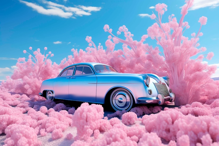 Foto gratuito vista de un coche 3d con un paisaje abstracto