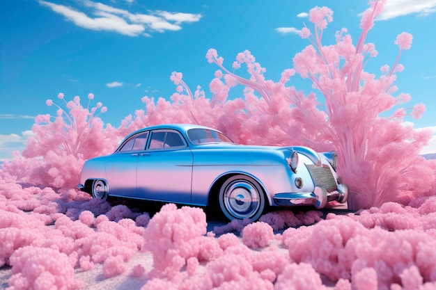 Vista de un coche 3D con un paisaje abstracto