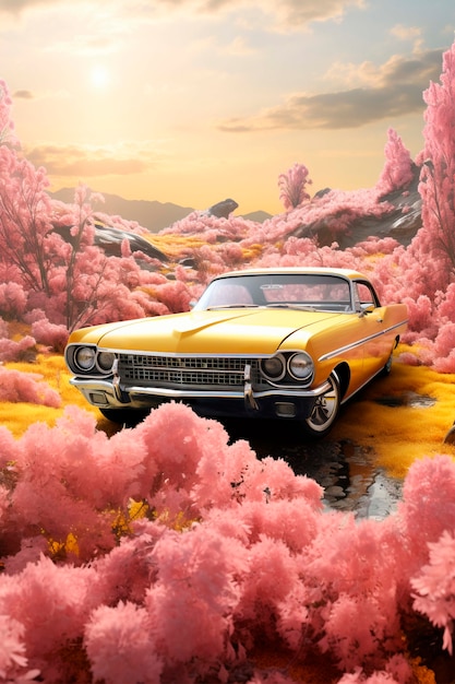 Vista de un coche 3D con un paisaje abstracto