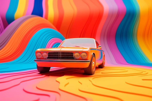 Foto gratuita vista de un coche 3d con un paisaje abstracto