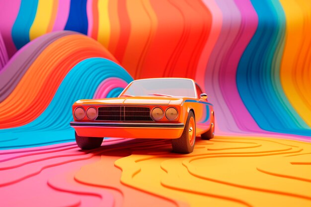 Vista de un coche 3D con un paisaje abstracto