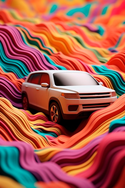 Vista de un coche 3D con un paisaje abstracto