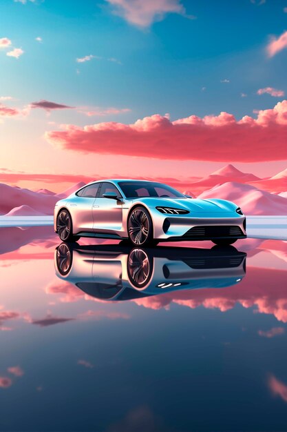 Vista de un coche 3D con un paisaje natural