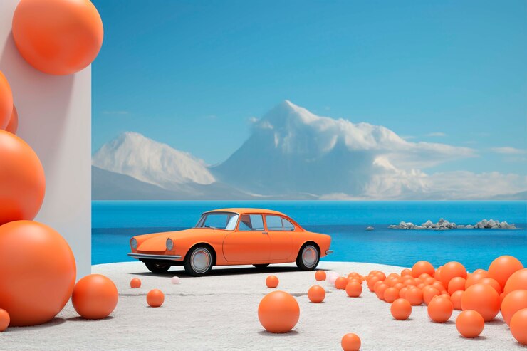 Foto gratuito vista de un coche tridimensional con esferas abstractas de fondo