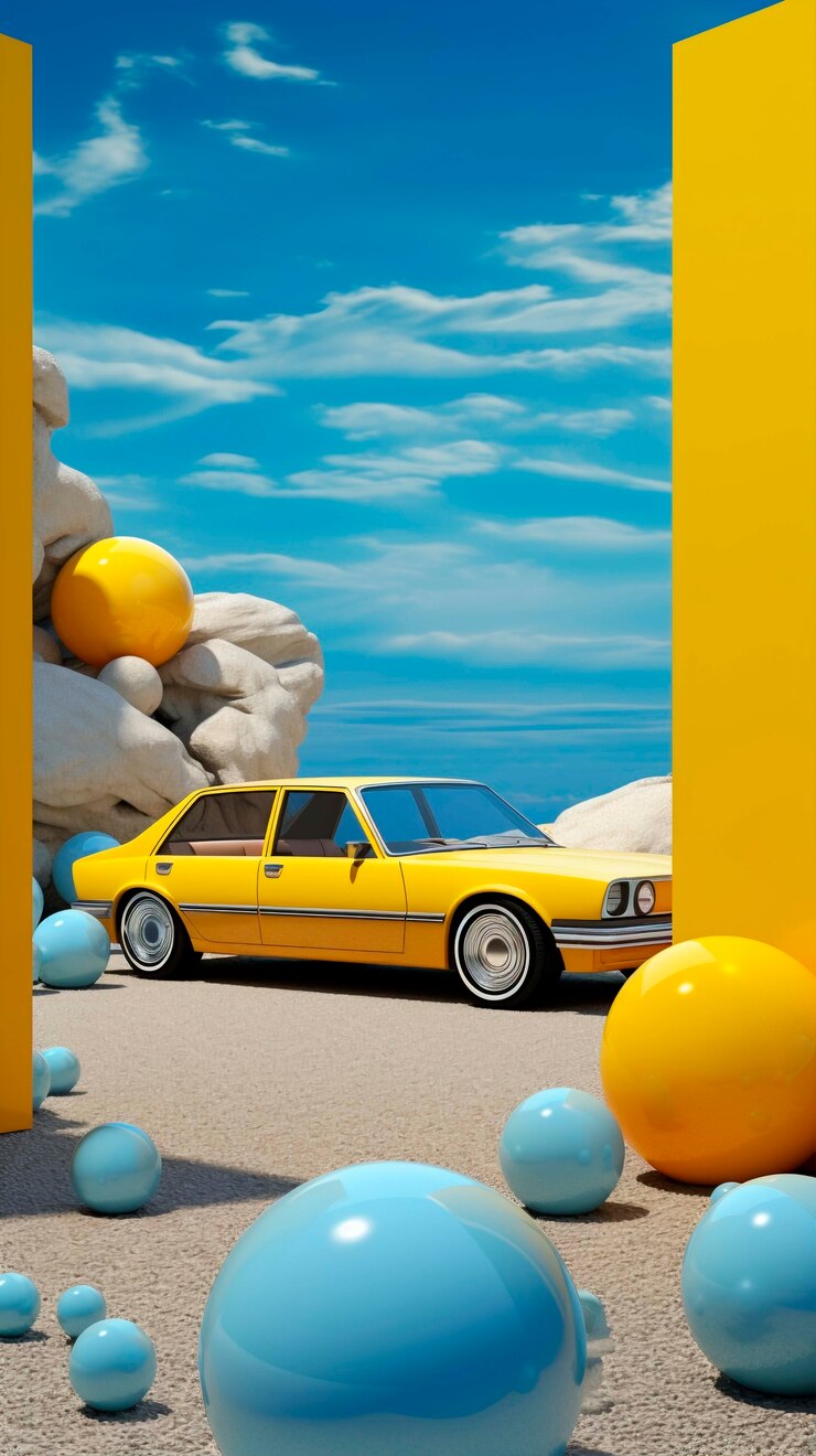 Foto gratuito vista de un coche tridimensional con esferas abstractas de fondo