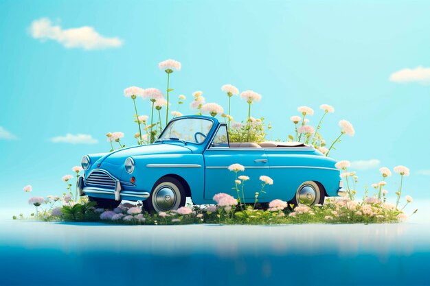 Vista de un coche tridimensional con flores