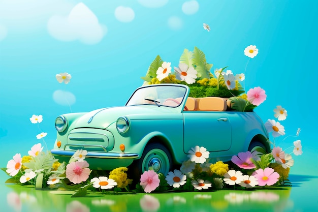 Vista de un coche tridimensional con flores