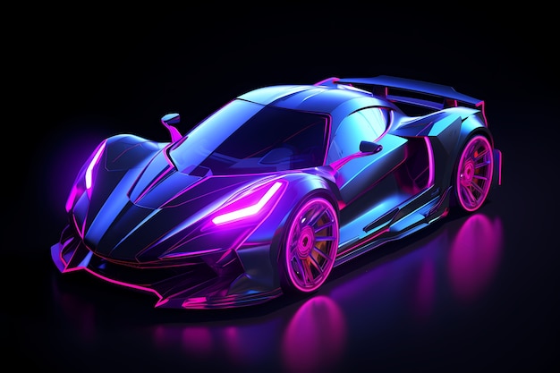 Vista de un coche tridimensional con luces de neón