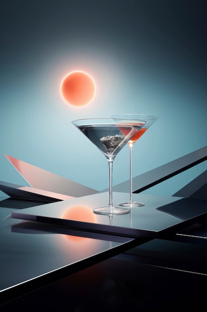 Foto gratuita vista de cóctel en vaso con conjunto neofuturista abstracto