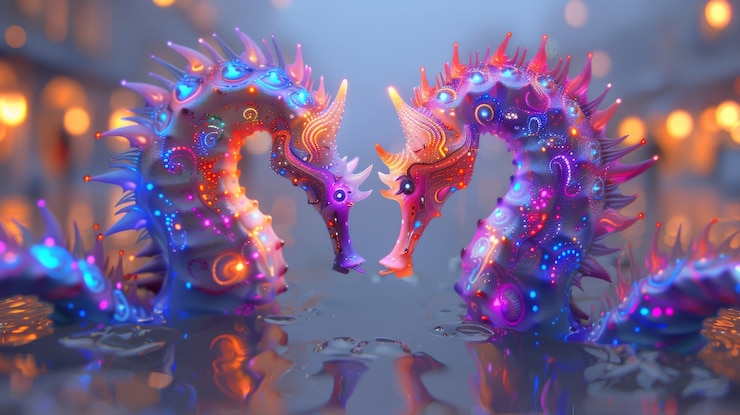 Foto gratuito vista de coloridas luces de neón brillantes caballito de mar animal