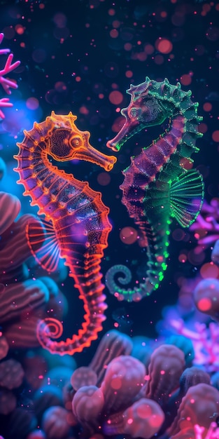 Foto gratuita vista de coloridas luces de neón brillantes caballito de mar animal