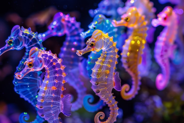 Foto gratuita vista de coloridas luces de neón brillantes caballito de mar animal