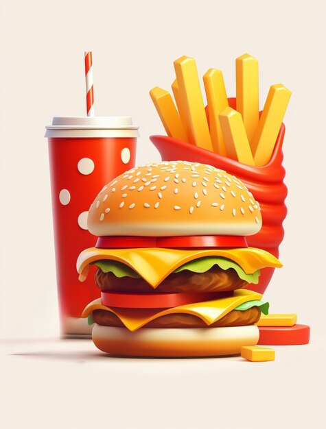 Vista de comida de hamburguesa 3d con papas fritas