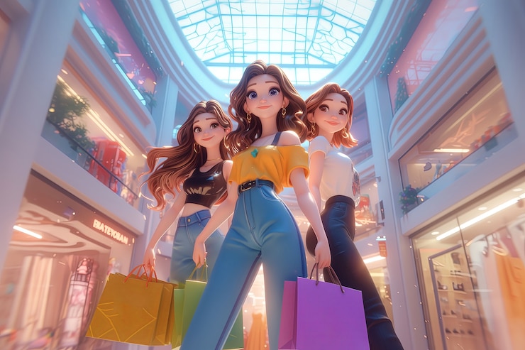 Foto gratuito vista de las compras de personajes de dibujos animados