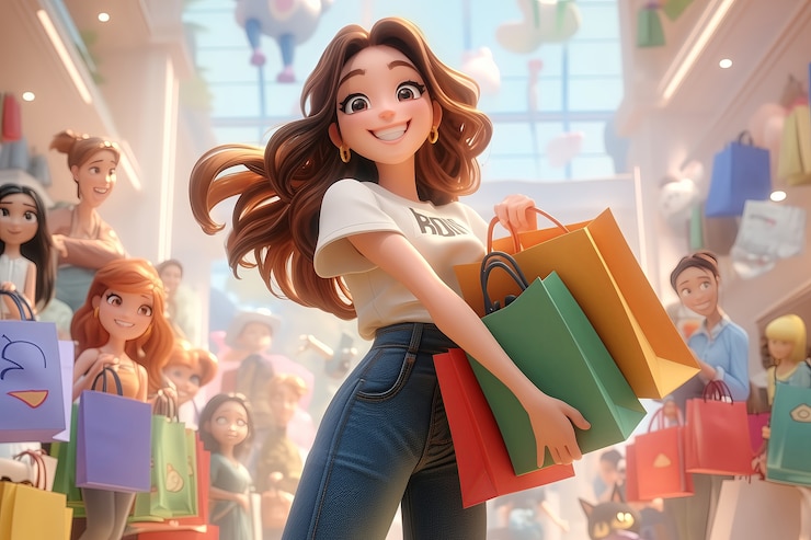 Foto gratuito vista de las compras de personajes de dibujos animados