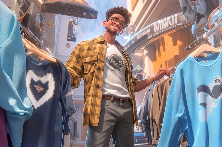 Foto gratuito vista de las compras de personajes de dibujos animados