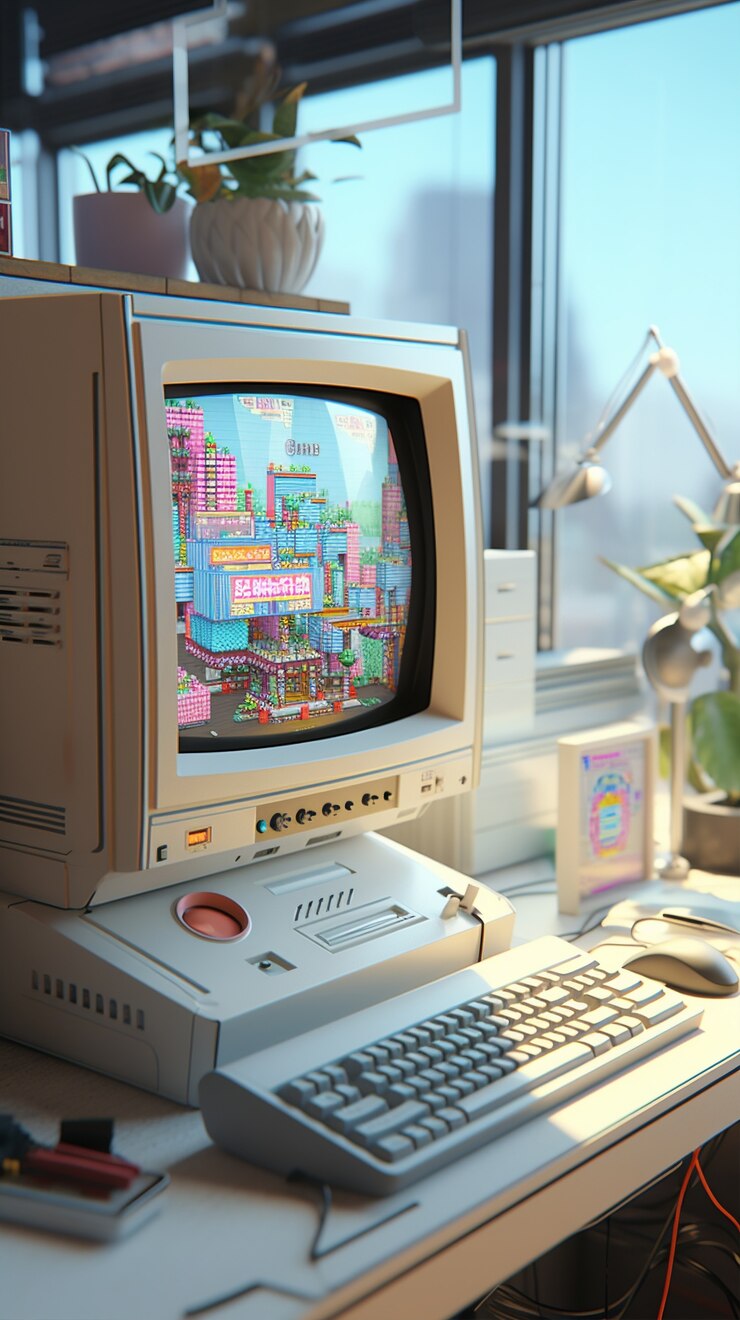 Foto gratuito vista de la computadora de aspecto retro en la estación de trabajo de escritorio