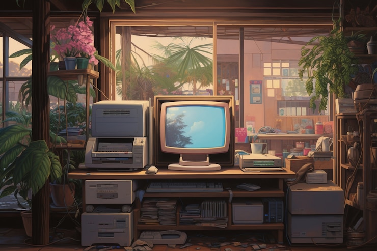 Foto gratuito vista de la computadora de aspecto retro en la estación de trabajo de escritorio
