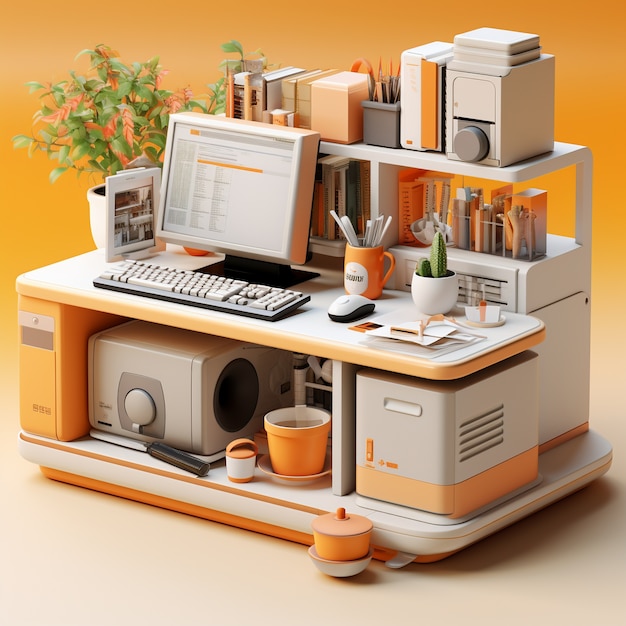 Vista de computadora personal 3d con estación de trabajo