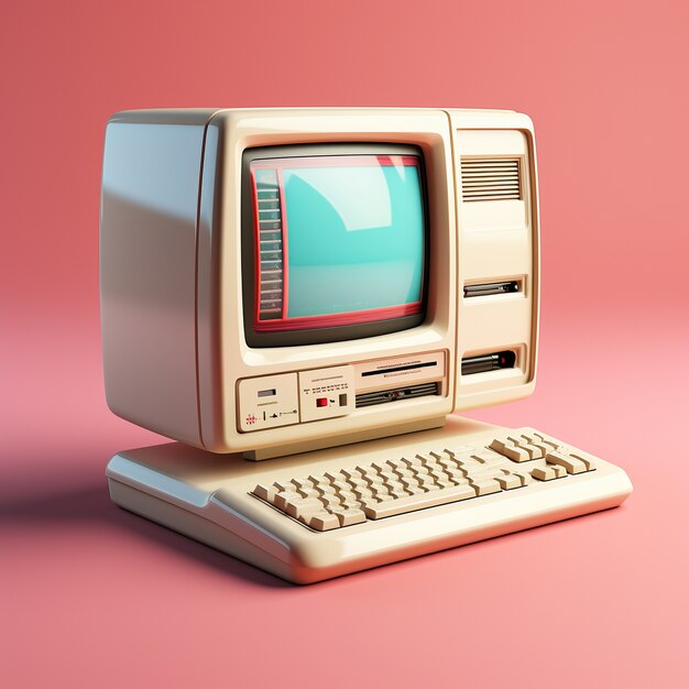 Vista de la computadora retro 3d con tubo de rayos catódicos