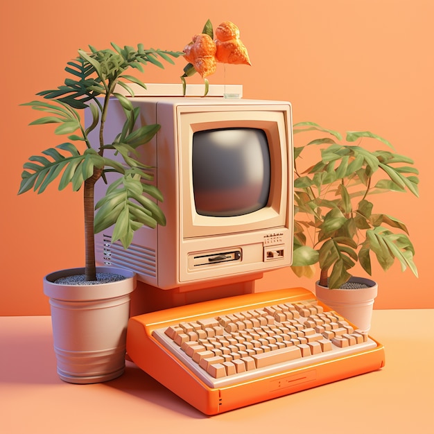 Vista de la computadora retro 3d con tubo de rayos catódicos