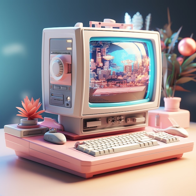 Foto gratuita vista de la computadora retro 3d con tubo de rayos catódicos