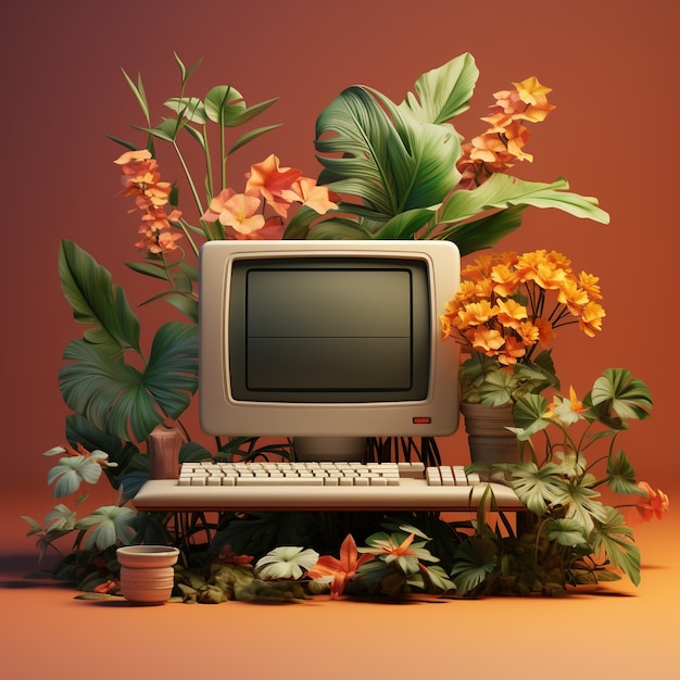 Vista de la computadora retro 3d con tubo de rayos catódicos