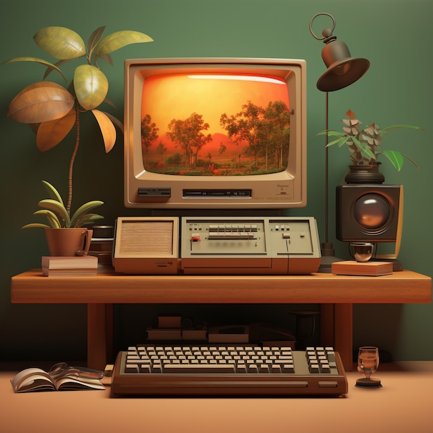 Vista de la computadora retro 3d con tubo de rayos catódicos