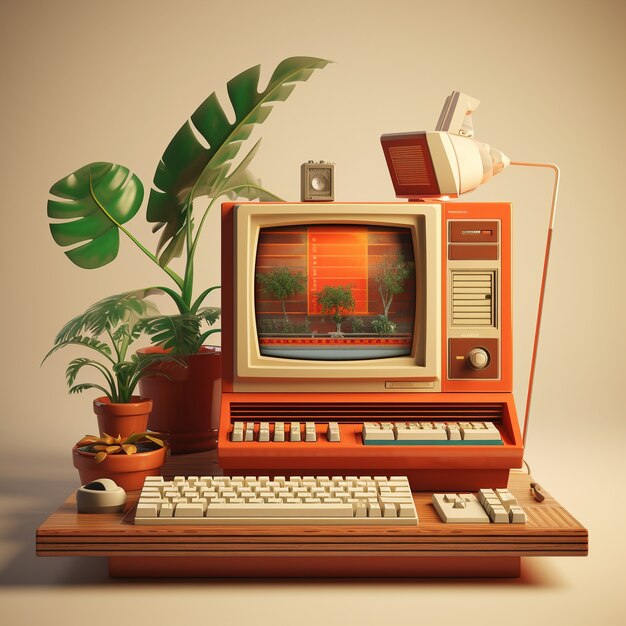 Vista de la computadora retro 3d con tubo de rayos catódicos