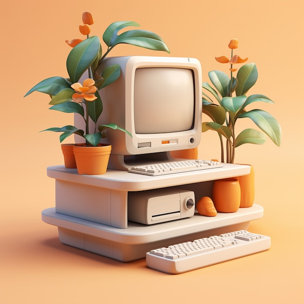 Vista de la computadora retro 3d con tubo de rayos catódicos