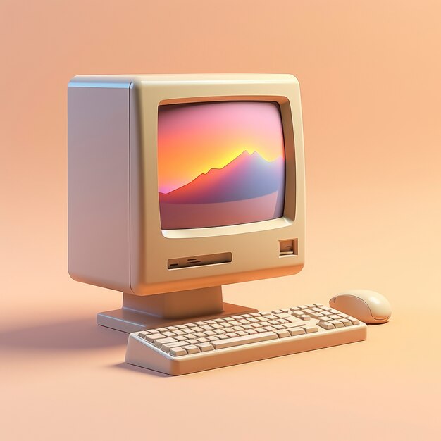 Vista de la computadora retro gráfica 3d