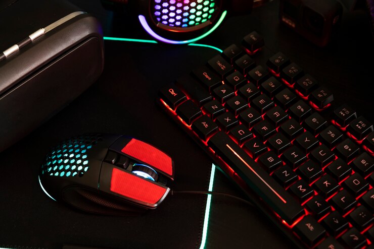 Foto gratuito vista de la configuración de la mesa de juego iluminada con neón con teclado