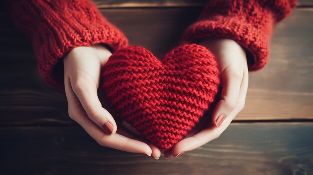 Vista del corazón tejido sostenido por una persona en las manos