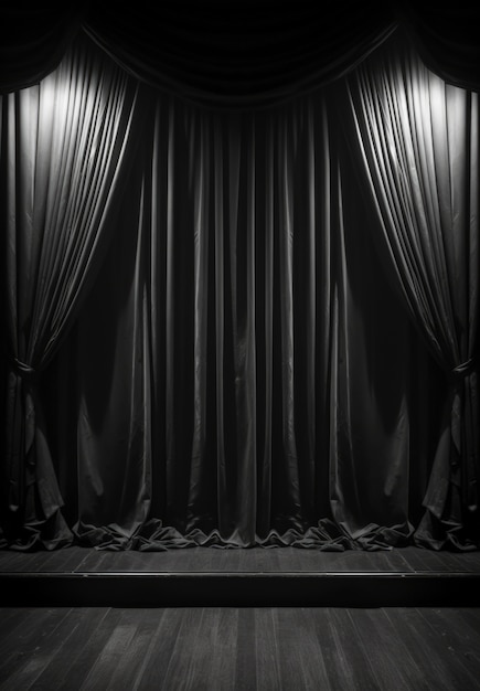 Vista de las cortinas en blanco y negro del escenario del teatro