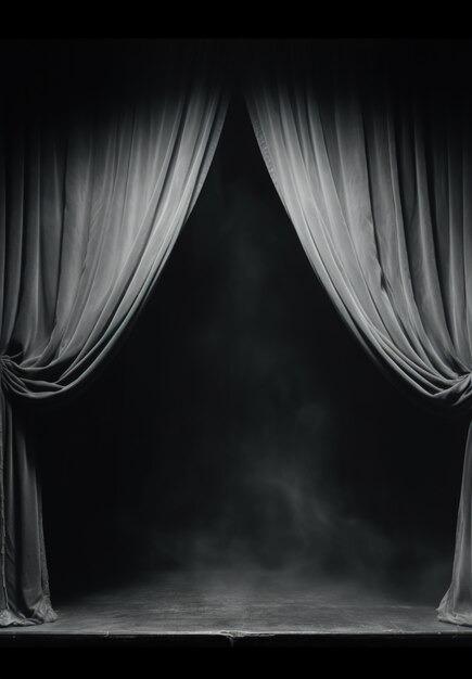 Vista de las cortinas en blanco y negro del escenario del teatro