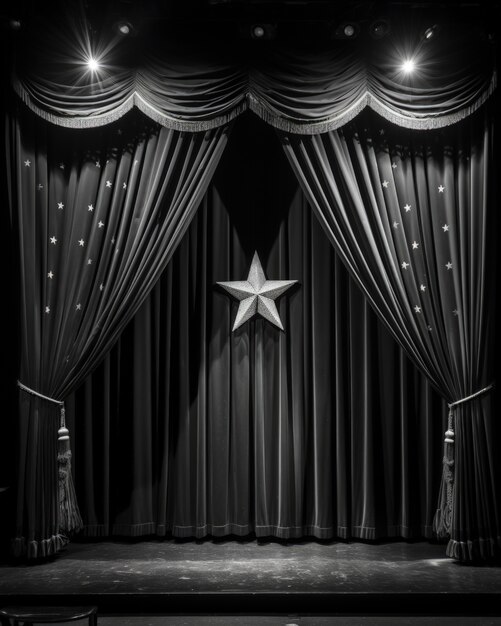 Vista de las cortinas en blanco y negro del escenario del teatro