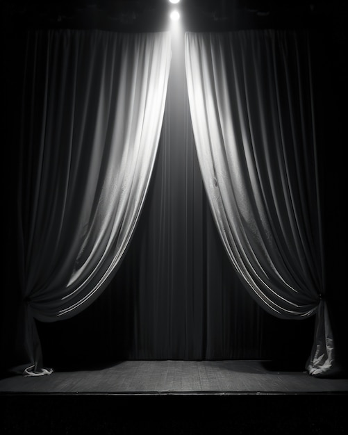 Vista de las cortinas en blanco y negro del escenario del teatro