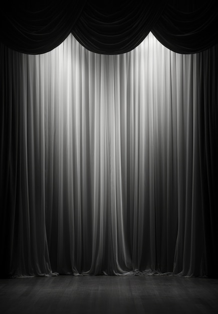 Vista de las cortinas en blanco y negro del escenario del teatro