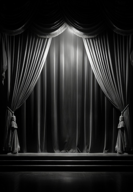 Vista de las cortinas en blanco y negro del escenario del teatro