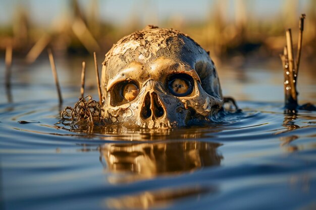 Vista del cráneo esqueleto emergiendo del agua
