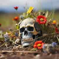 Foto gratuita vista del cráneo esqueleto humano con flores.