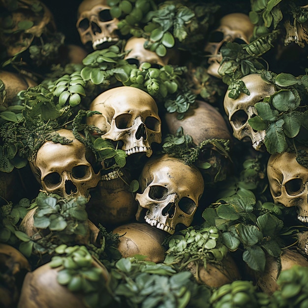 Foto gratuita vista de cráneos esqueléticos con vegetación.