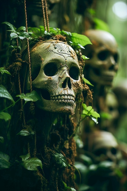 Vista de cráneos esqueléticos con vegetación.
