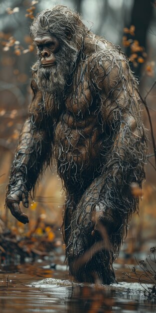 Vista de la criatura sasquatch en la naturaleza al aire libre