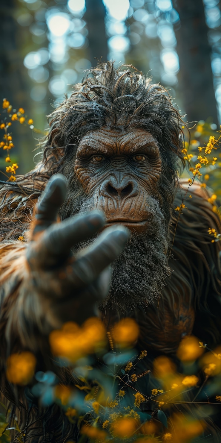 Foto gratuito vista de la criatura sasquatch en la naturaleza al aire libre