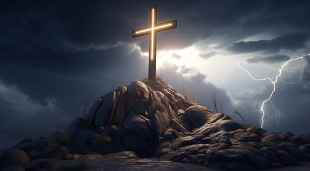 Vista de la cruz religiosa 3d con clima sombrío