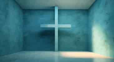 Foto gratuita vista de la cruz religiosa 3d en la habitación azul