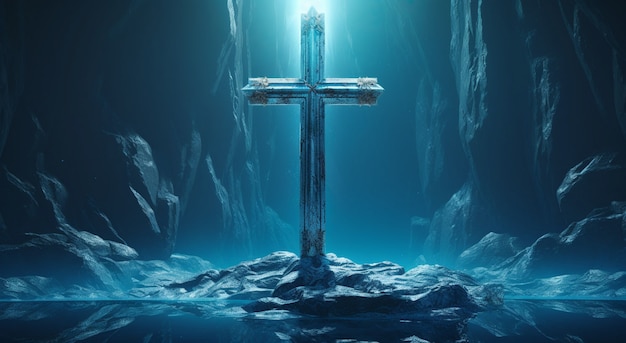 Foto gratuita vista de cruz religiosa 3d con hielo