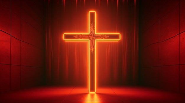 Foto gratuita vista de cruz religiosa 3d con luz de neón